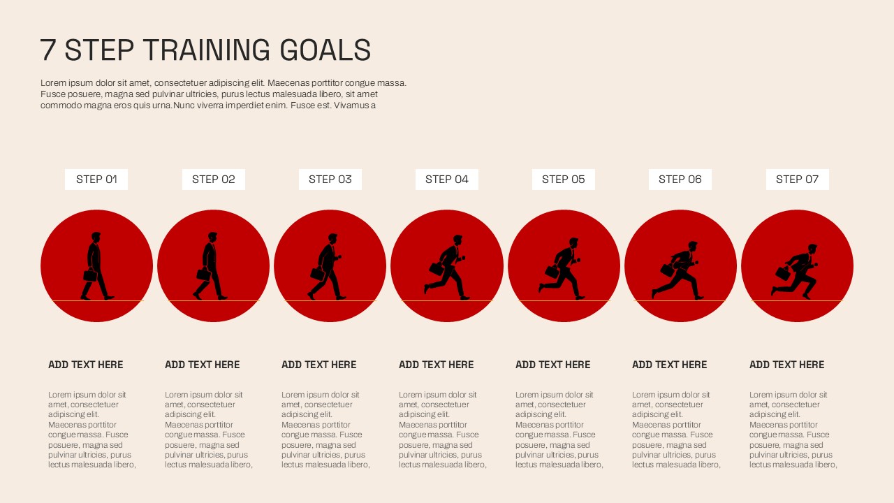 7 Step Training Goals PowerPoint and Google Slides template featuring a seven-stage infographic timeline to present training objectives, employee development, learning roadmap, onboarding process, and skill progression.