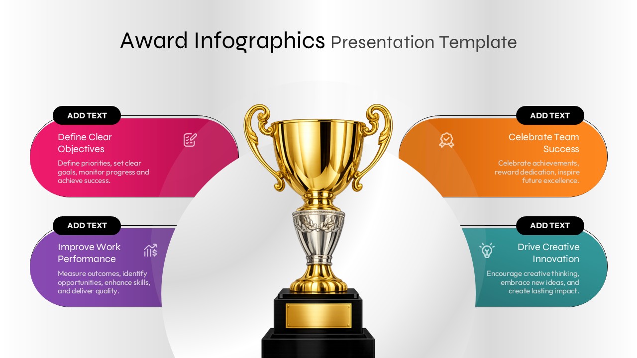 Award Infographics Presentation Template featuring a central trophy surrounded by four sections for clear objectives, work performance, team success, and creative innovation.