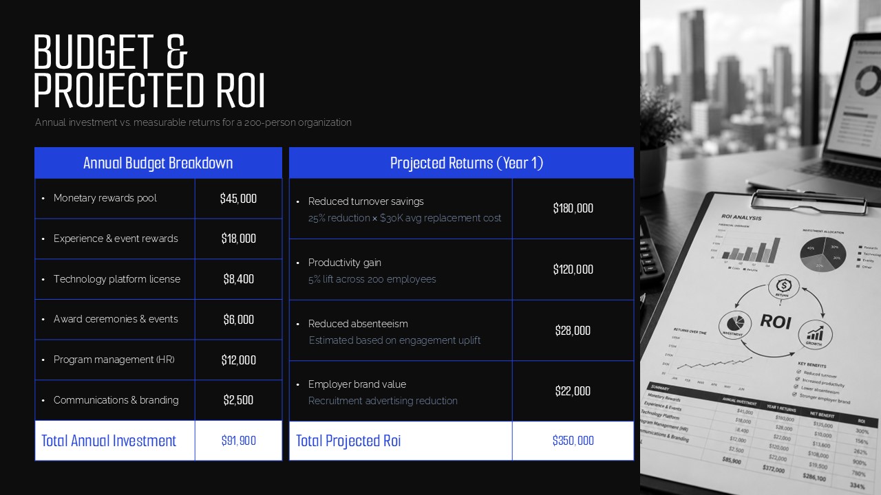 Employee rewards budget and projected ROI slide showing investment and expected financial returns