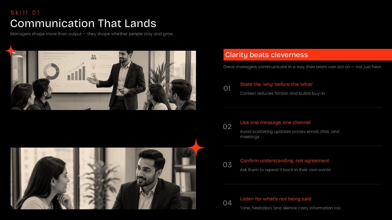 Communication That Lands slide featuring practical communication principles for managers and workplace teams