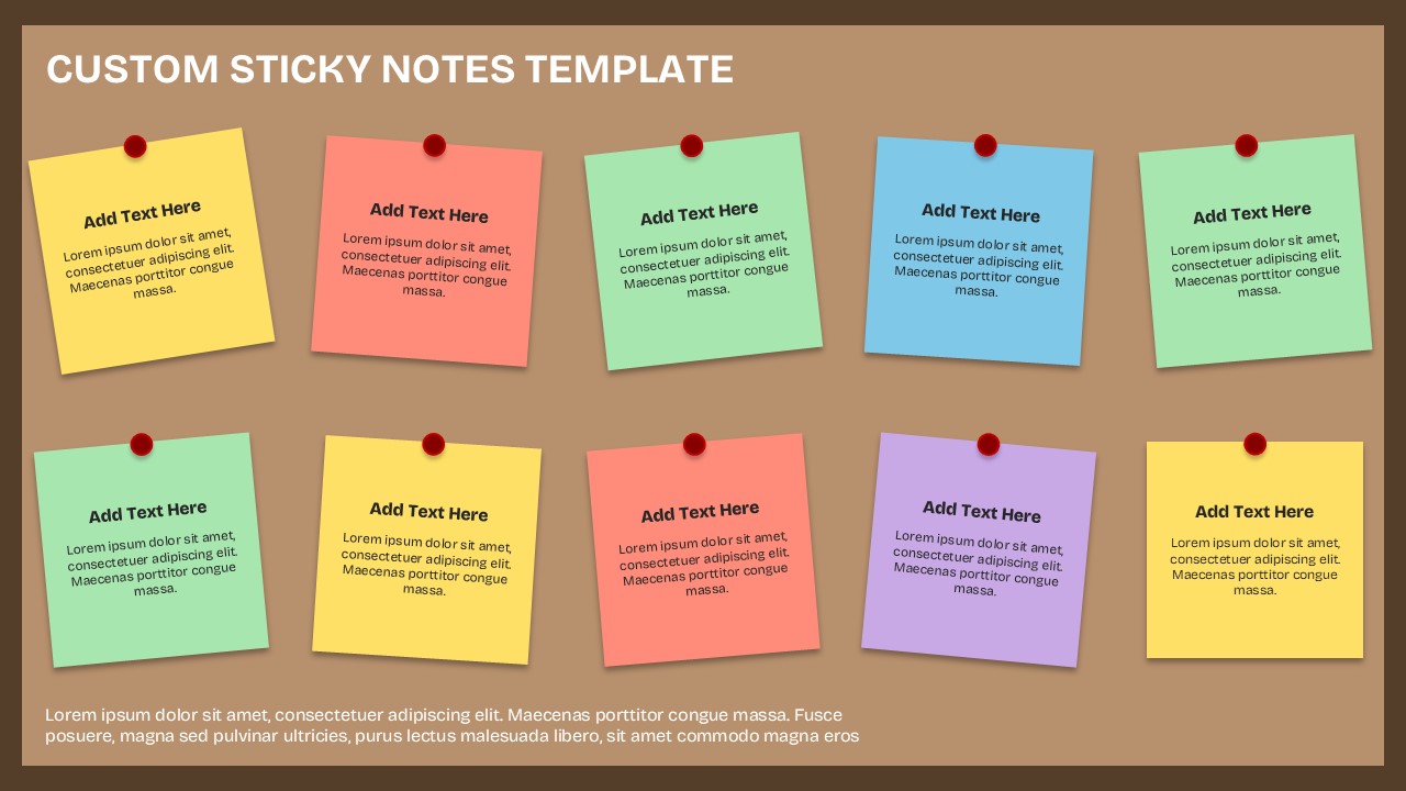 Custom Sticky Notes PowerPoint and Google Slides template featuring colorful editable sticky notes for brainstorming, project planning, task management, and idea organization.
