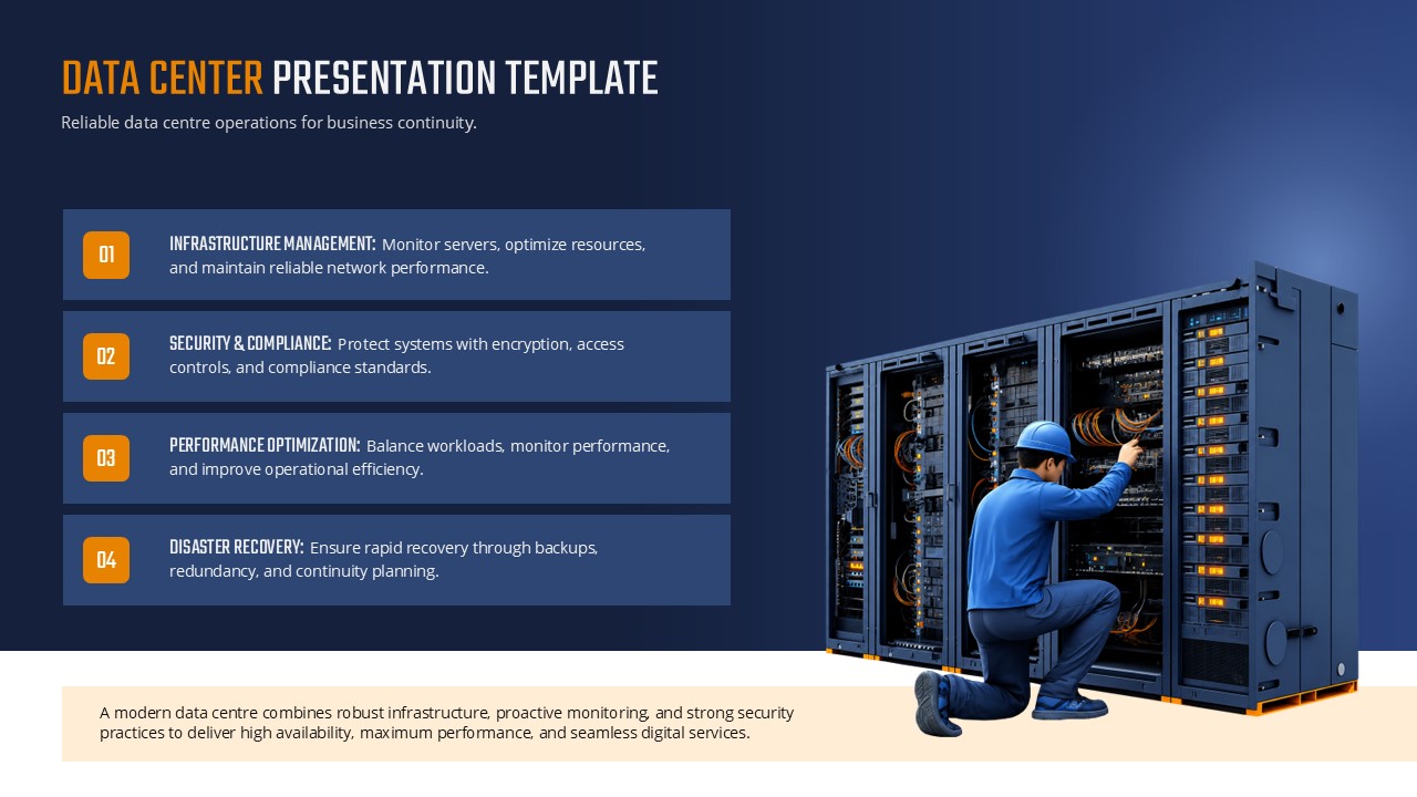 Data center presentation template featuring server infrastructure, security and compliance, performance optimization, and disaster recovery sections.