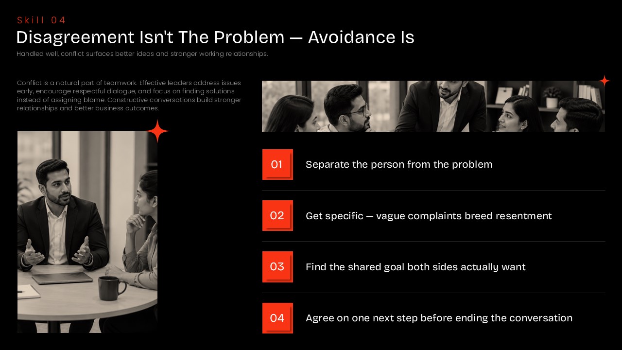 Conflict resolution slide showing four practical steps for handling workplace disagreements