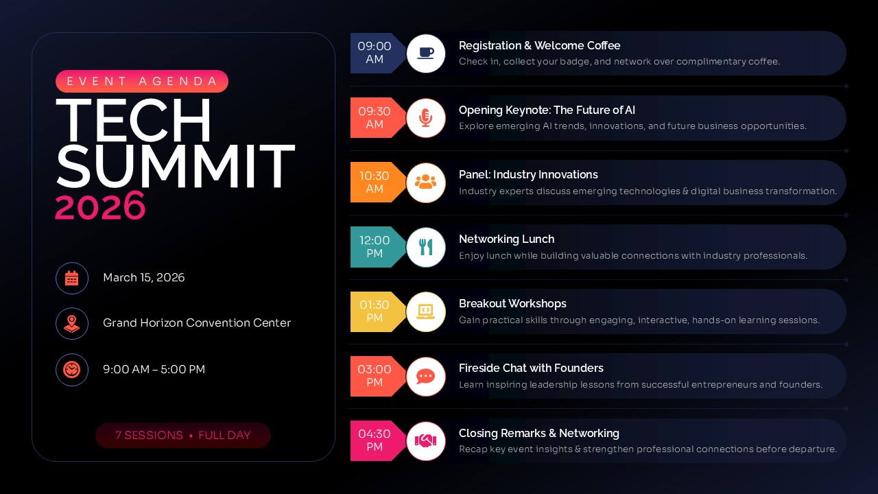 Tech Summit 2026 event agenda showing conference sessions, timings, keynote, industry panel, networking lunch, workshops, and closing remarks.