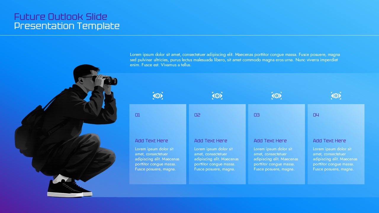 Future Outlook Slide Presentation Template with a professional using binoculars and four strategic planning stages on a blue gradient background.