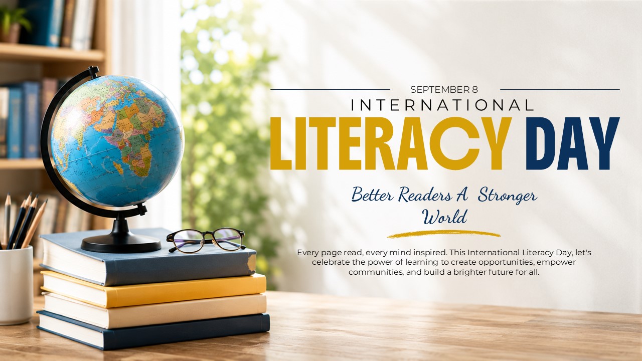 International Literacy Day presentation template featuring books, a globe, eyeglasses, and a message promoting literacy and education.