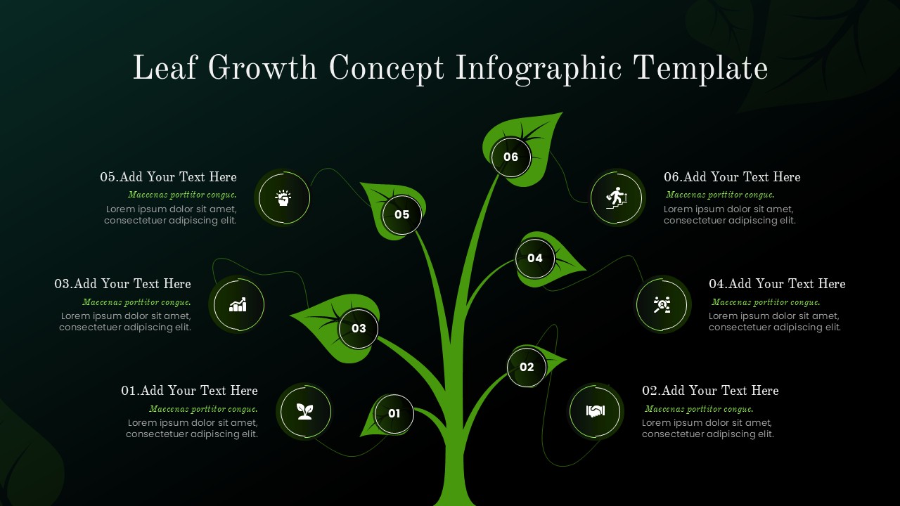 Leaf Growth Concept Infographic Template featuring a green tree with six numbered leaf branches, editable text placeholders, and icons representing growth, strategy, collaboration, innovation, progress, and business development on a dark background.