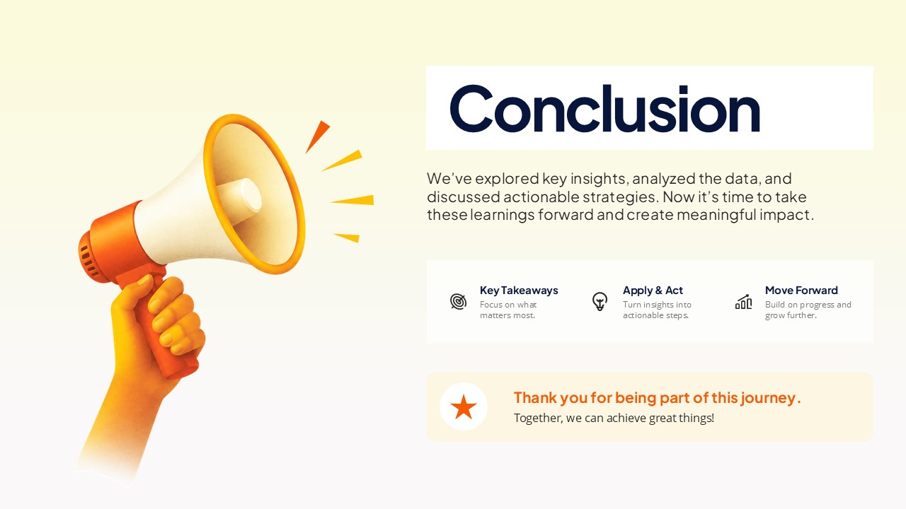 Megaphone Conclusion Template.JPG: Megaphone Conclusion PowerPoint template featuring a colorful megaphone illustration, key takeaways, actionable steps, future goals, and a thank-you message.