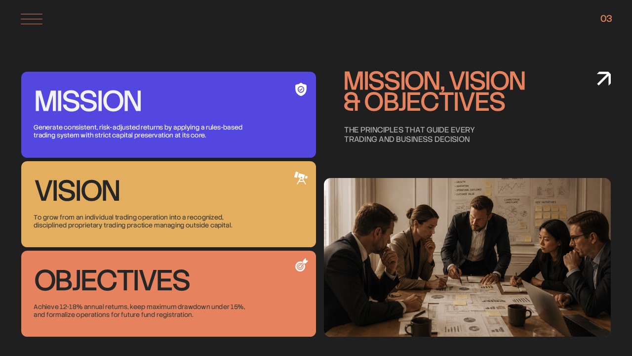 Mission, Vision and Objectives slide presenting the strategic principles, long-term vision, and business objectives of a stock trading operation.