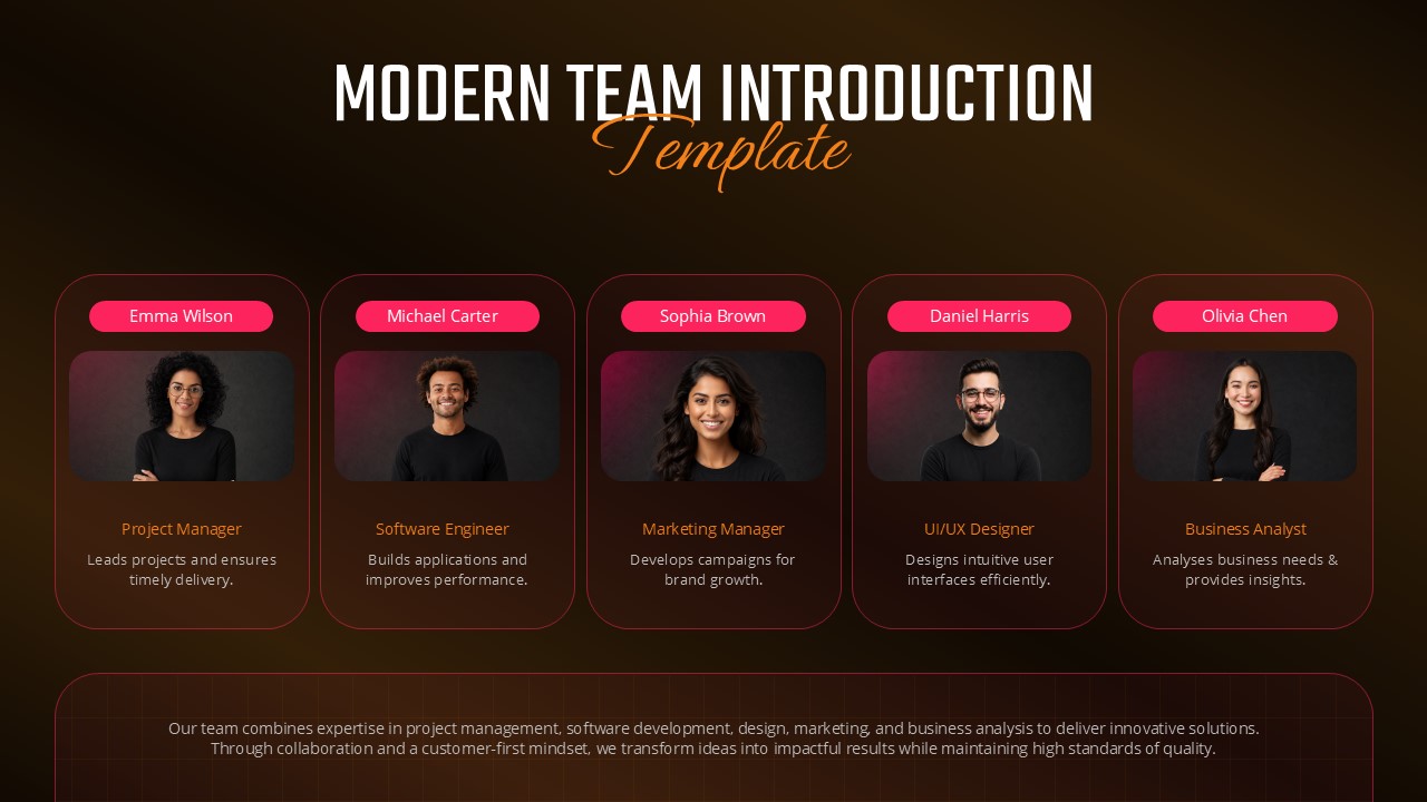 Modern team introduction presentation template featuring five team members with profile photos, job titles, role descriptions, and a collaborative team overview on a dark modern background.