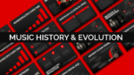 Music History and Evolution presentation template featuring a modern black and red design with timeline slides, historical music eras, genre comparison charts, and educational layouts for PowerPoint and Google Slides.