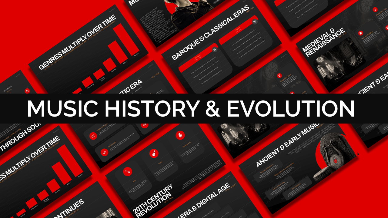 Music History and Evolution presentation template featuring a modern black and red design with timeline slides, historical music eras, genre comparison charts, and educational layouts for PowerPoint and Google Slides.