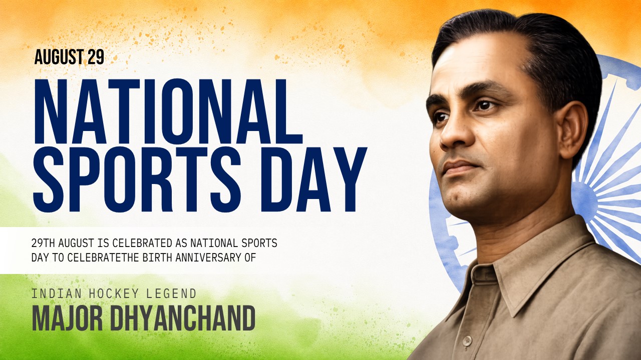 National Sports Day presentation featuring Major Dhyan Chand, with Indian flag colors and August 29 celebration details.