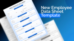 New Employee Data Sheet Template title slide featuring a professional employee information form with sections for personal, employment, education, experience, emergency contact, and declaration details.