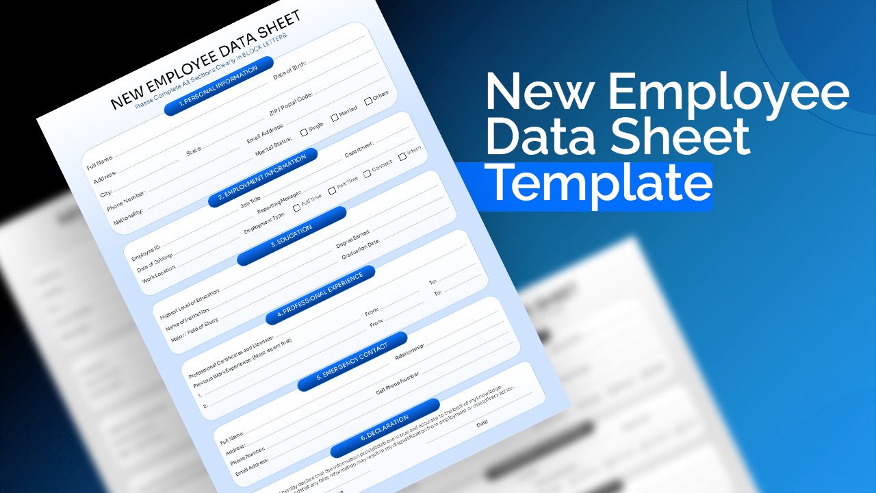 New Employee Data Sheet Template title slide featuring a professional employee information form with sections for personal, employment, education, experience, emergency contact, and declaration details.