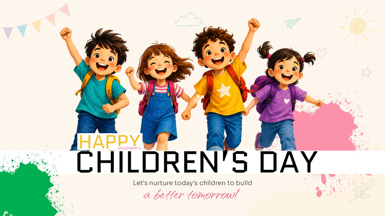 Happy Children's Day presentation template featuring four joyful children with backpacks, colorful paint splashes, and playful illustrations, ideal for school events, classroom presentations, and Children's Day celebrations.