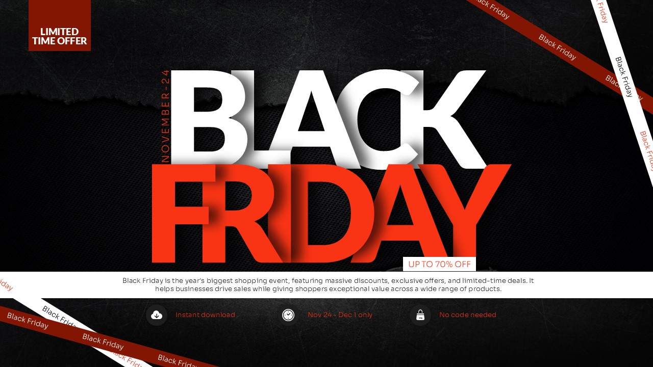 Black Friday sale PowerPoint and Google Slides template with bold red and white typography, dark textured background, limited-time offer banner, and up to 70% off promotional messaging.