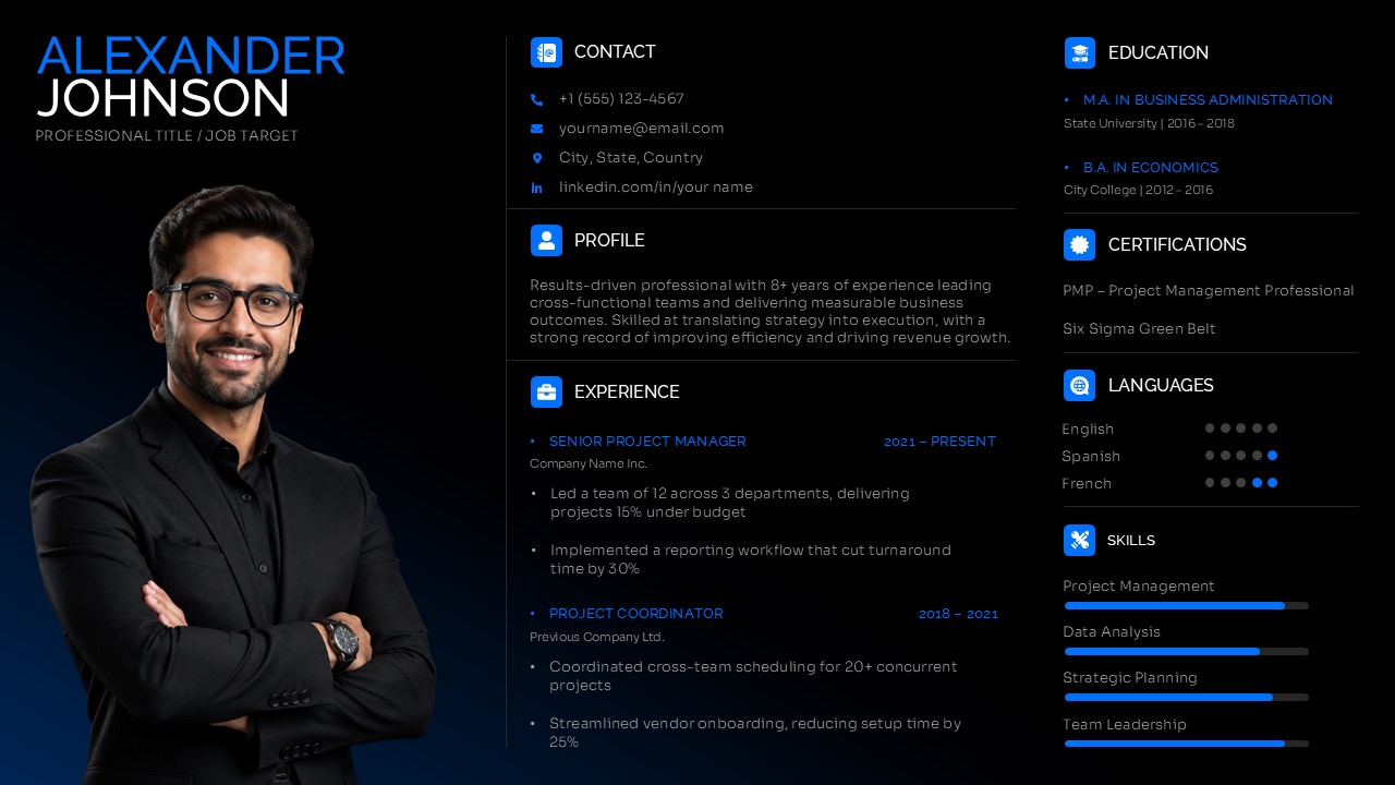 Modern one-page CV template with a professional photo, work experience, education, certifications, languages, and skills sections.