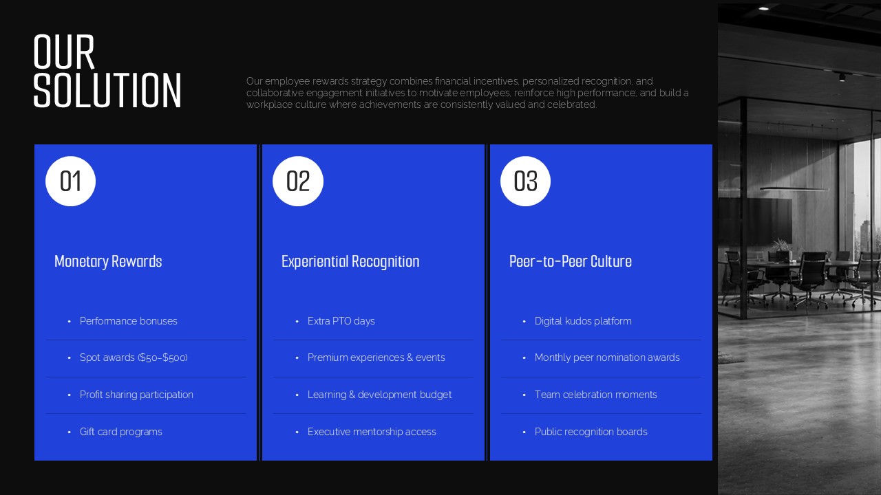 Employee rewards solution slide featuring monetary rewards, experiential recognition, and peer-to-peer culture
