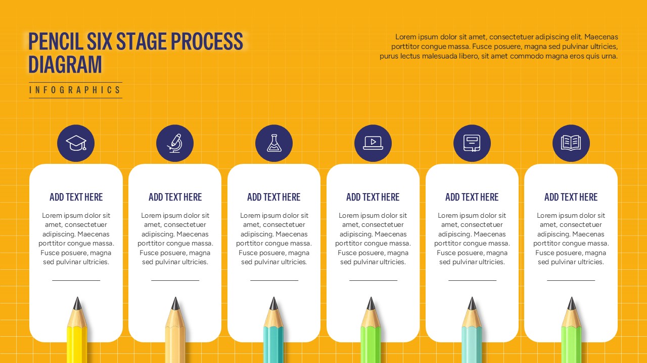 Six-stage process diagram with six vertical cards, circular icons, and pencil illustrations on a bright orange grid background, designed for presenting sequential steps.