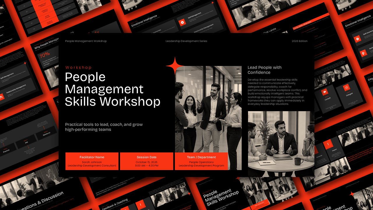People Management Skills Workshop PowerPoint and Google Slides title slide with corporate team photography