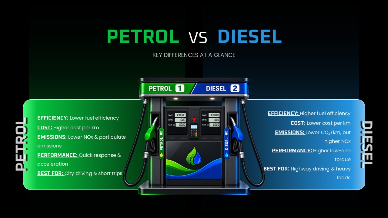 Petrol vs Diesel Template.JPG: Petrol vs Diesel PowerPoint template comparing fuel efficiency, cost, emissions, performance, and best-use scenarios with a central fuel pump graphic.