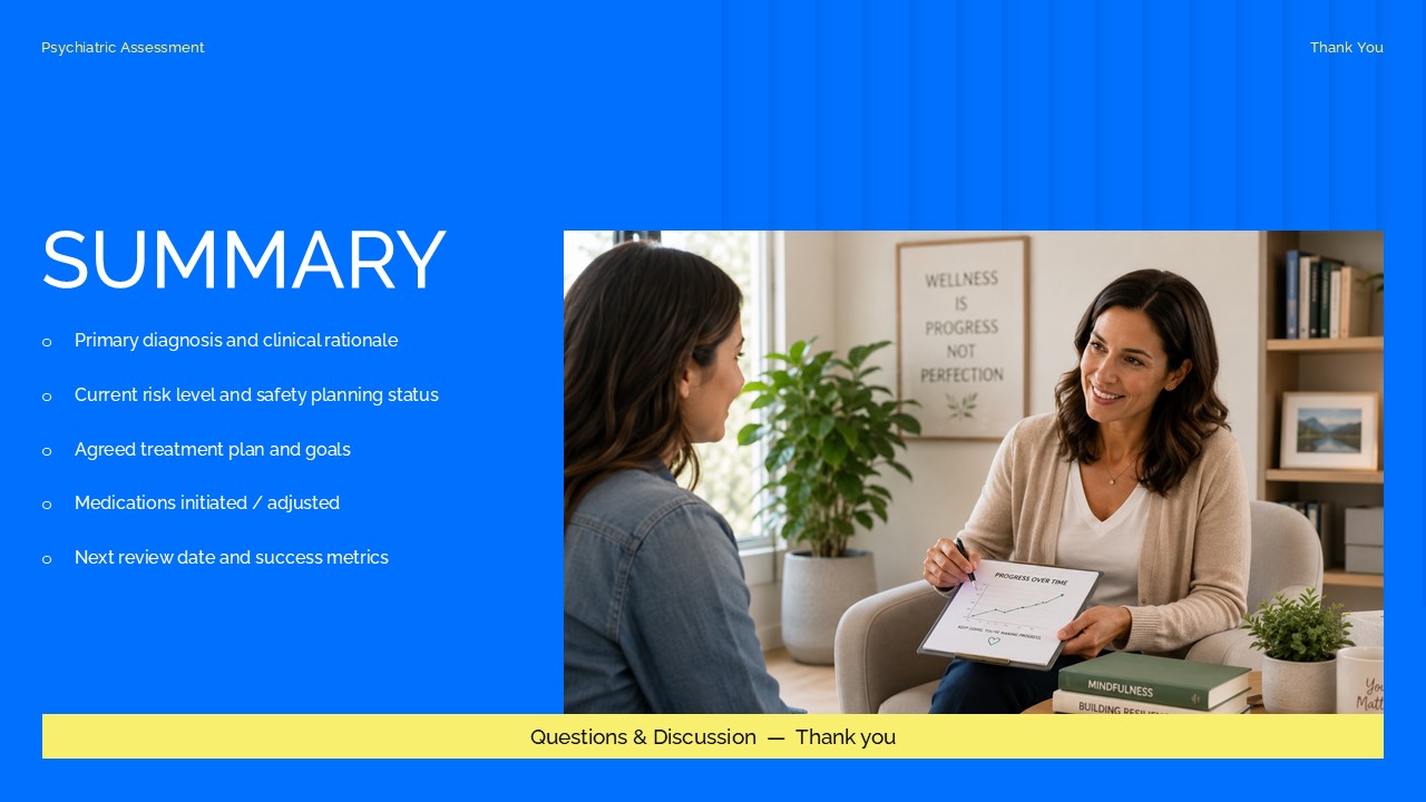Psychiatric assessment summary slide highlighting diagnosis, risk status, treatment plan, medications, follow-up metrics, and questions for discussion.