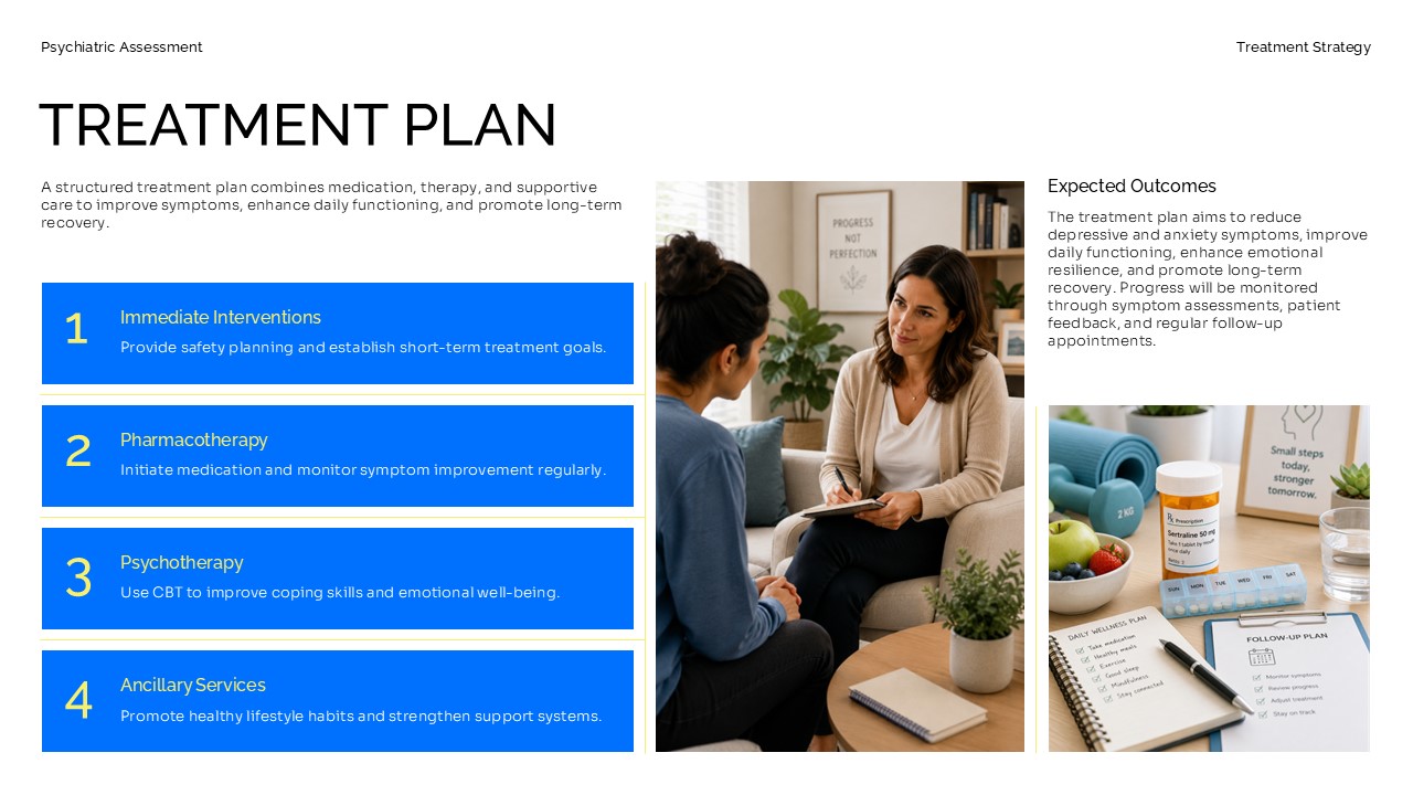 Psychiatric treatment plan slide outlining immediate interventions, pharmacotherapy, psychotherapy, ancillary services, and expected treatment outcomes.
