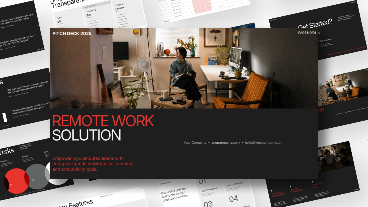 Remote Work Solution Pitch Deck presentation template featuring a modern black, white, and red design with a home office workspace image, ideal for remote work, hybrid workplace, SaaS, and business presentations.