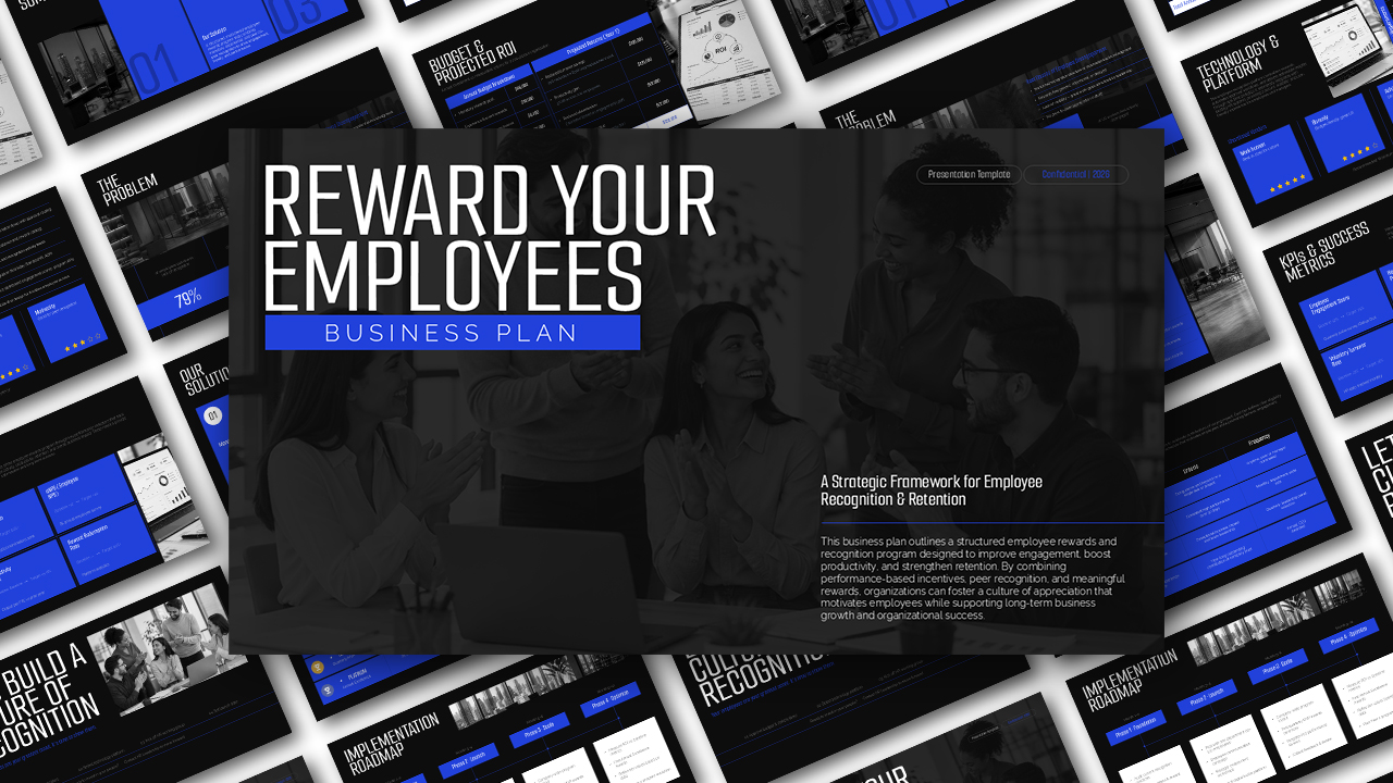 Reward Your Employees Business Plan presentation cover with employee recognition strategy