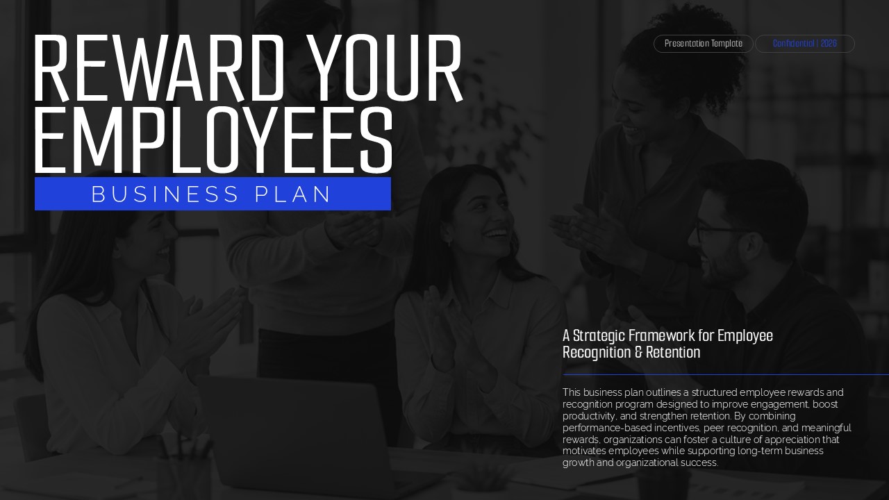 Reward Your Employees Business Plan presentation cover with employee recognition strategy