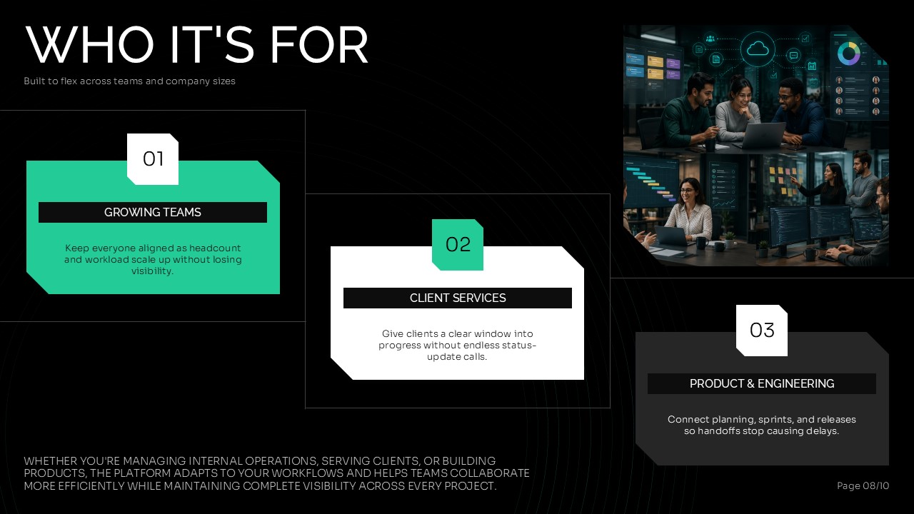 Software Demo Presentation Template audience slide showing use cases for growing teams, client services, and product and engineering departments.