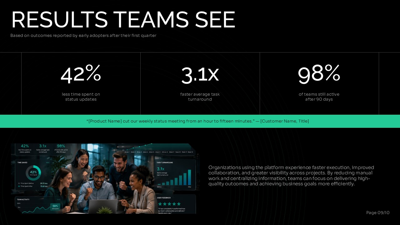 Software Demo Presentation Template results slide presenting metrics for reduced status-update time, faster task turnaround, and continued team engagement.