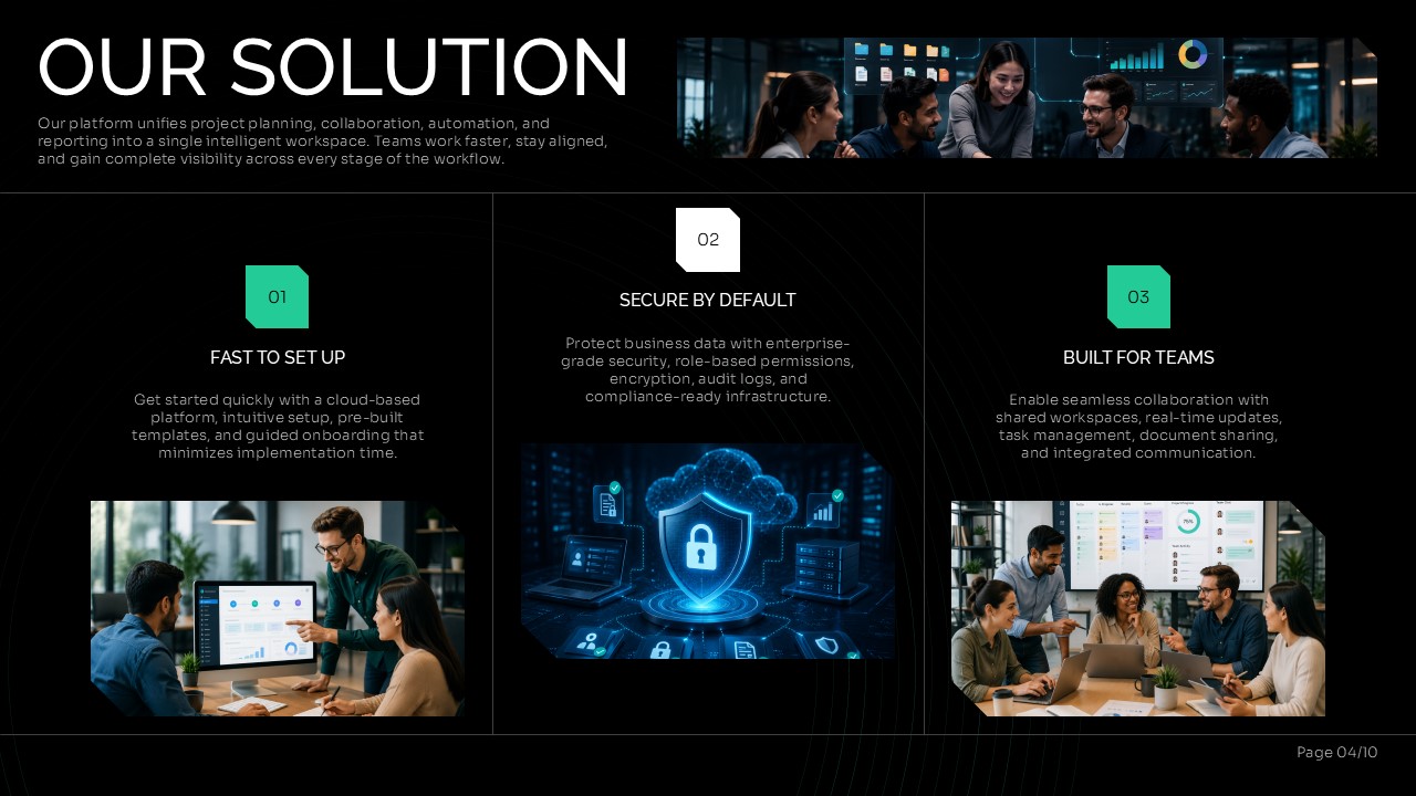 Software Demo Presentation Template solution slide presenting a unified software platform with fast setup, enterprise security, team collaboration, and workflow management features.