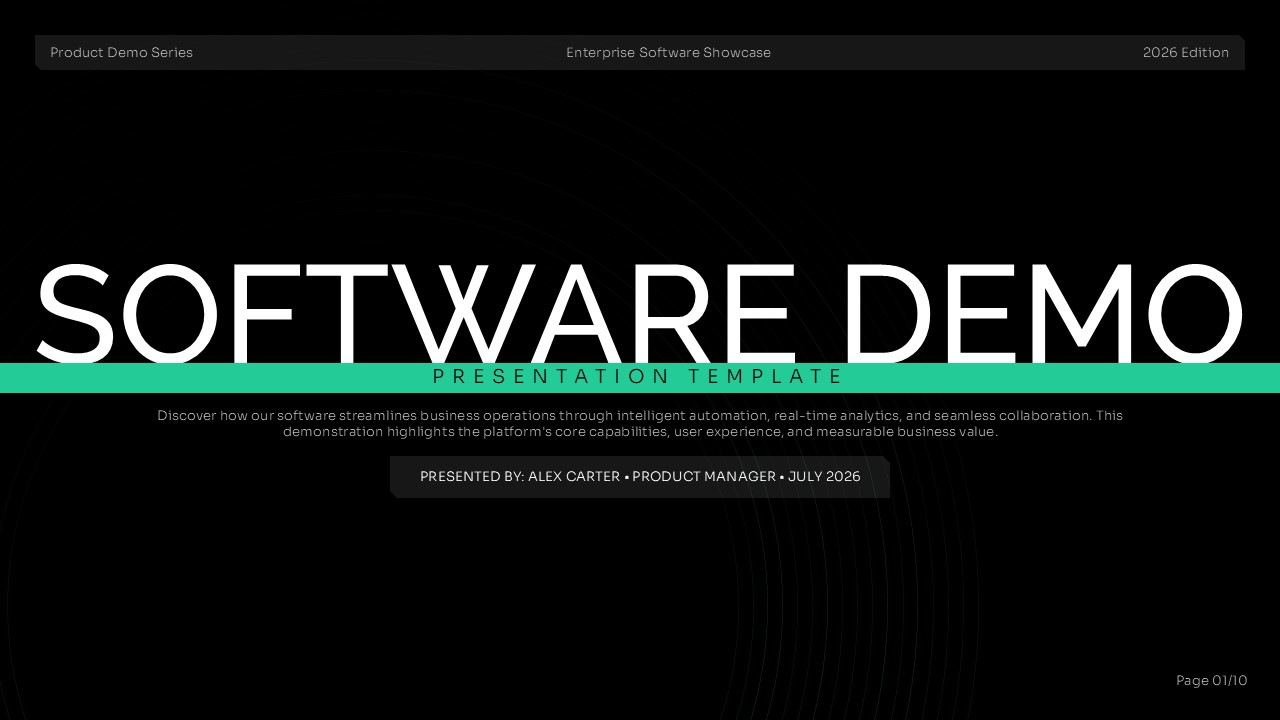 Software Demo Presentation Template title slide with a black background, green accent bar, software demo heading, product description, and presenter details.