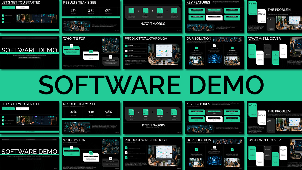 Software Demo Presentation Template overview showing ten professional PowerPoint and Google Slides layouts for product demos, software features, solutions, and results.