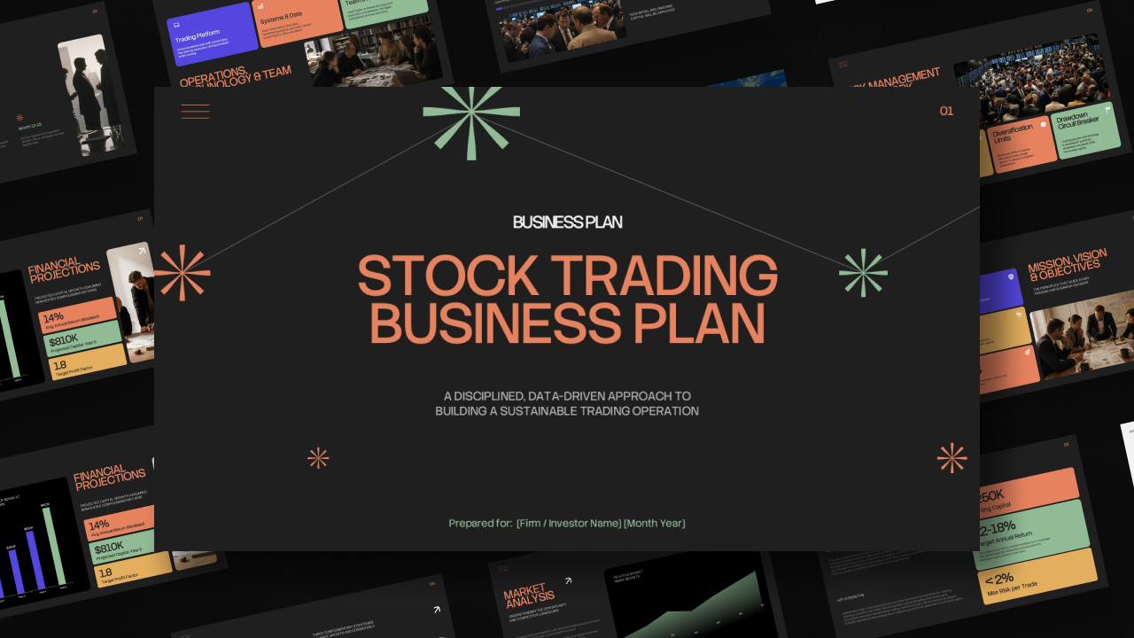 Stock Trading Business Plan PowerPoint and Google Slides presentation featuring a dark professional design with financial charts, strategy, risk, and business planning