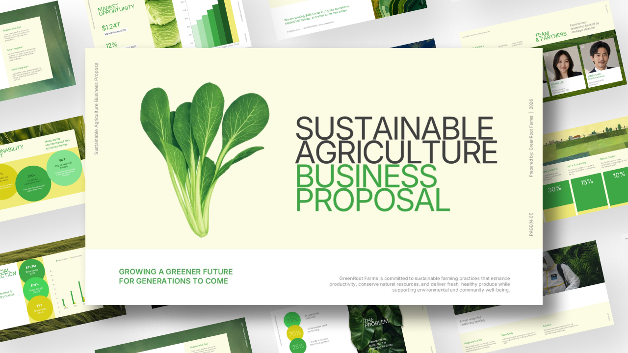 Sustainable Agriculture Business Proposal Template cover slide with green leafy vegetable image and modern business proposal title