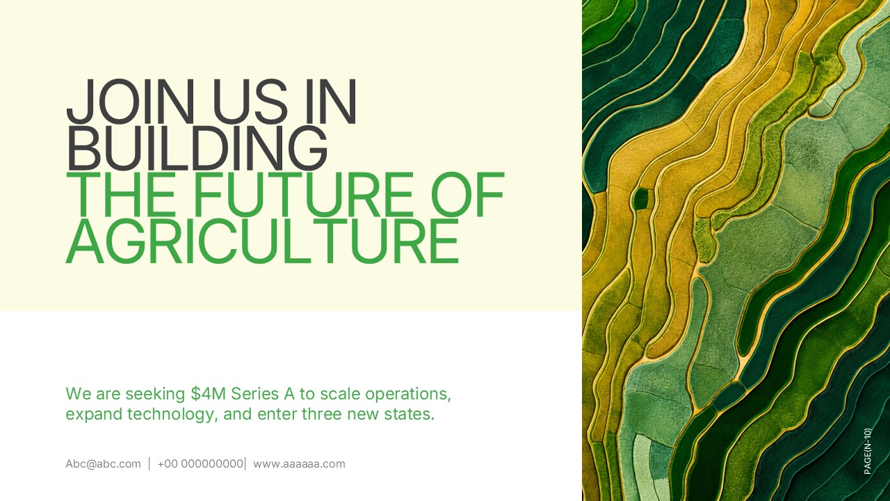 Sustainable Agriculture Business Proposal closing slide presenting the vision for building the future of agriculture and a funding request