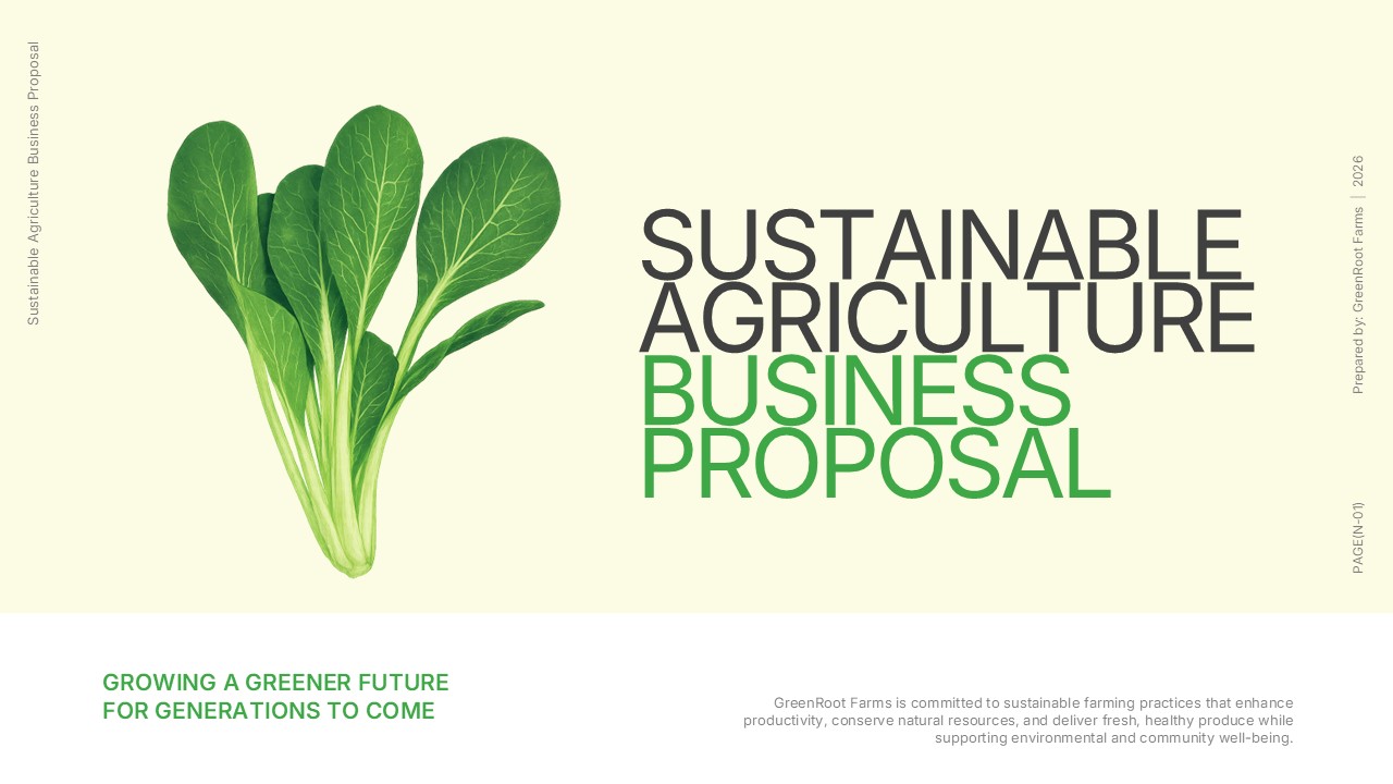 Sustainable Agriculture Business Proposal Template cover slide with green leafy vegetable image and modern business proposal title