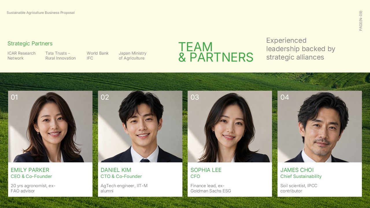 Sustainable Agriculture Business Proposal team and partners slide featuring leadership profiles and strategic agricultural partnerships
