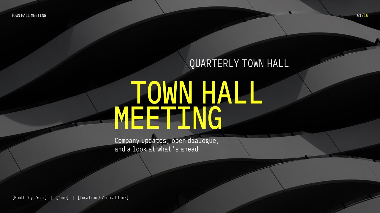 Town Hall Meeting cover slide with bold yellow title on a dark architectural background.