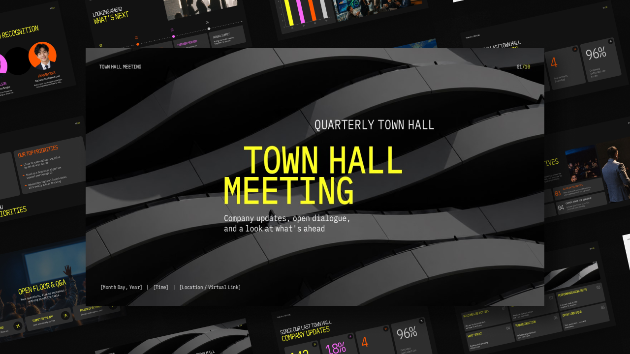 Quarterly Town Hall Meeting presentation cover featuring a dark architectural background, bold yellow typography, and company meeting details.