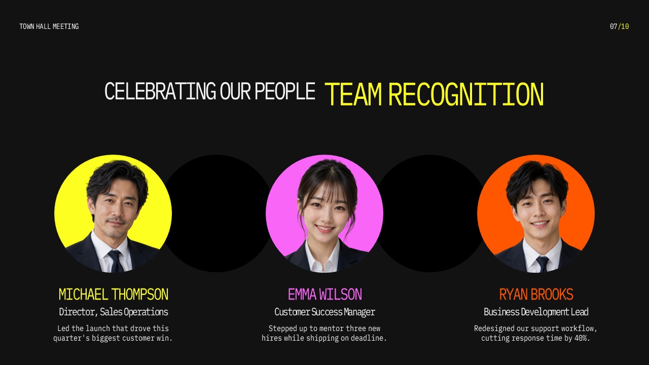 Town Hall Meeting team recognition slide featuring employee portraits and recognition highlights for outstanding contributions.