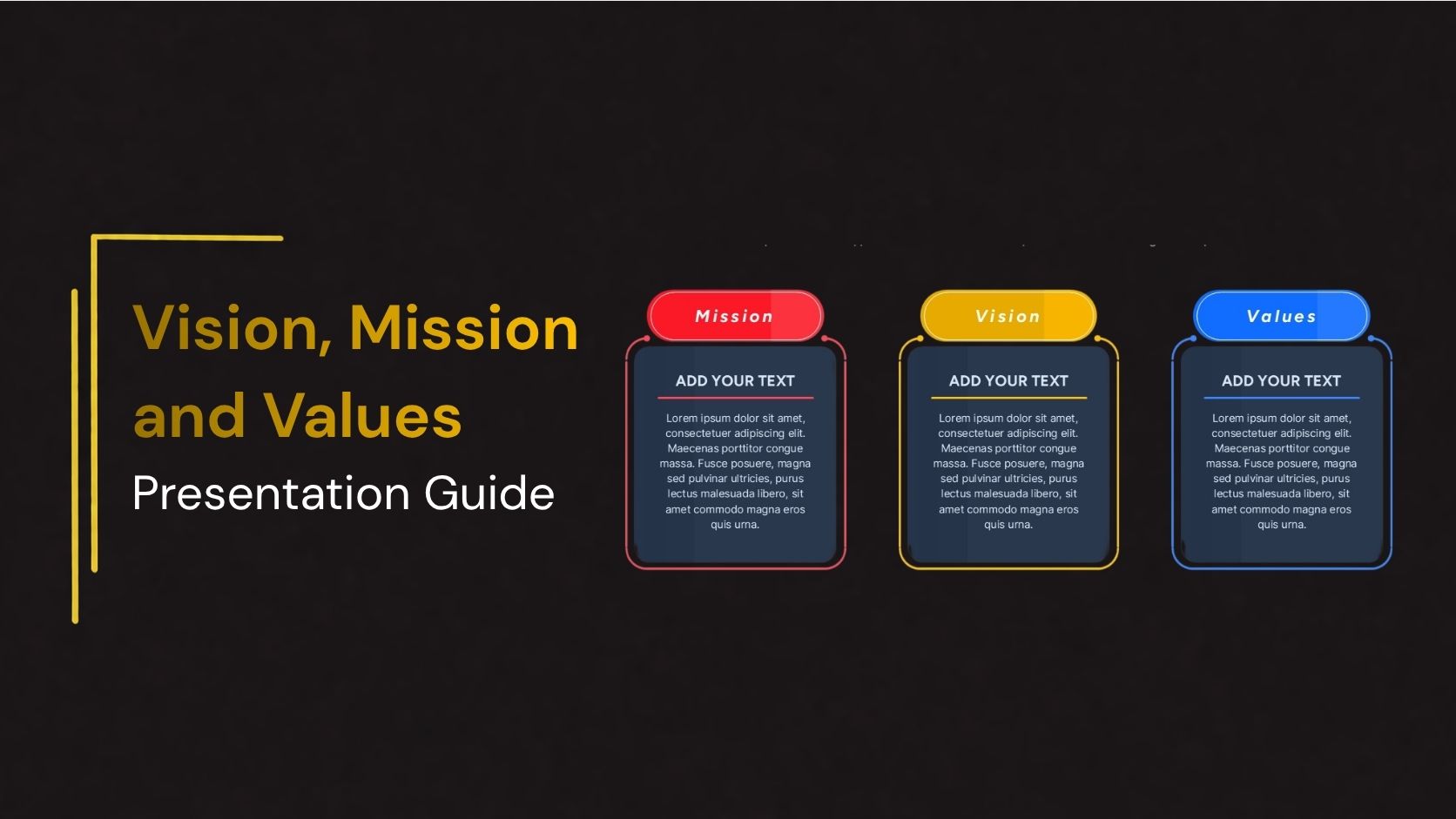 Vision, Mission and Values PowerPoint presentation guide featuring three editable sections for Mission, Vision, and Values, with colorful outlined cards on a dark background.