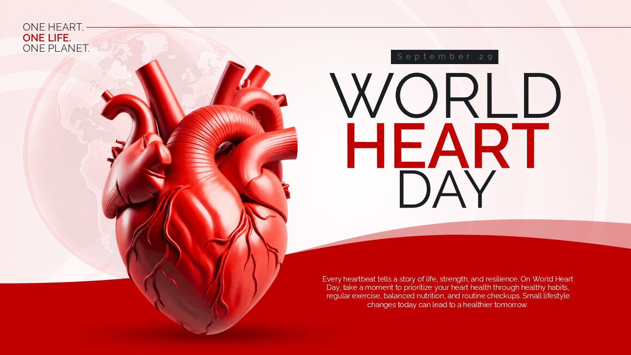 World Heart Day presentation template featuring a realistic anatomical heart, red and white design, and global heart health awareness message.