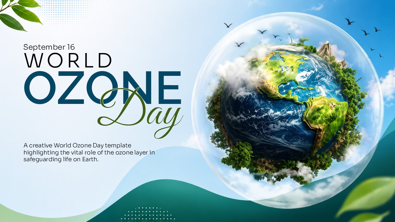 World Ozone Day presentation template featuring Earth enclosed in a protective atmospheric bubble, surrounded by greenery, clouds, mountains, and birds.
