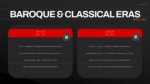 Baroque and Classical eras comparison slide featuring characteristics, composers, musical forms, and side-by-side comparison tables for music history presentations.