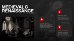Medieval and Renaissance music presentation slide highlighting Gregorian chant, musical notation, polyphony, and historical church imagery in a modern dark layout.