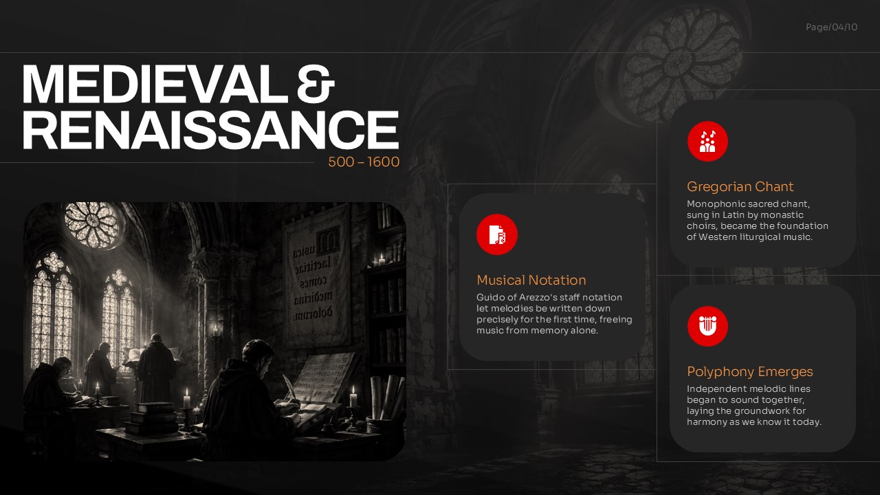 Medieval and Renaissance music presentation slide highlighting Gregorian chant, musical notation, polyphony, and historical church imagery in a modern dark layout.